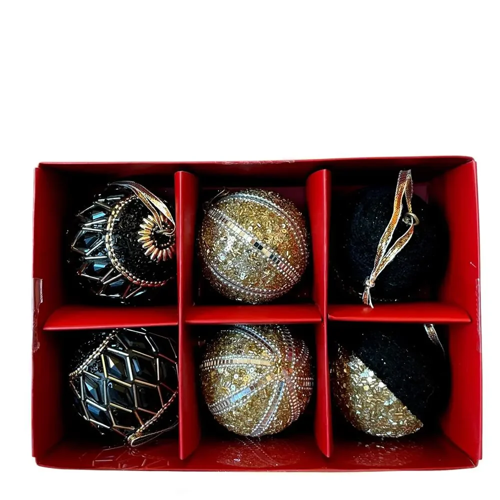 BELLA LUX Gold Black Beaded Christmas Ornaments 2.5in Set of 6 Holiday Glam NEW